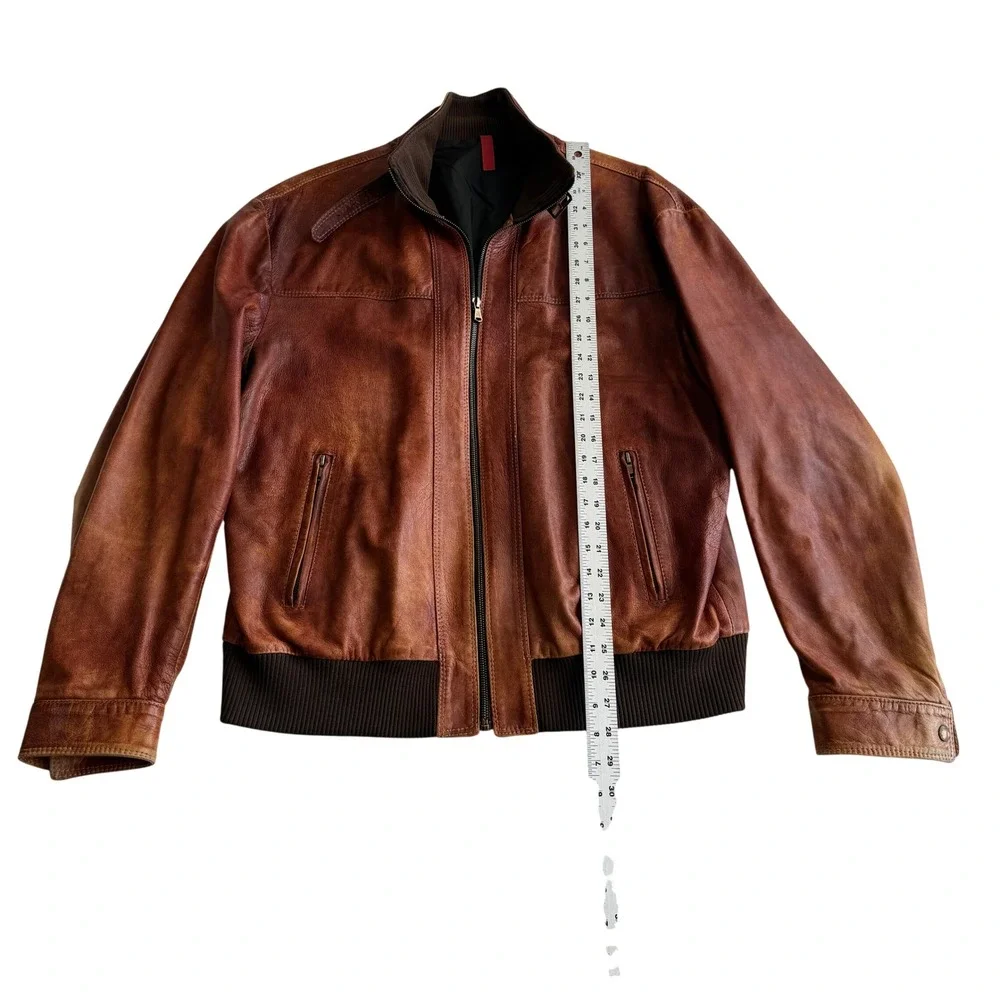 Peruzzi VTG Italian Distressed Leather‎ Cognac Brown Bomber Jacket IT 56 US XL